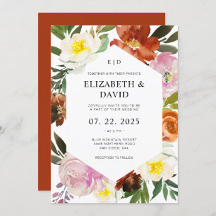 Burnt Orange, Blush Pink and White Floral Wedding Invitation