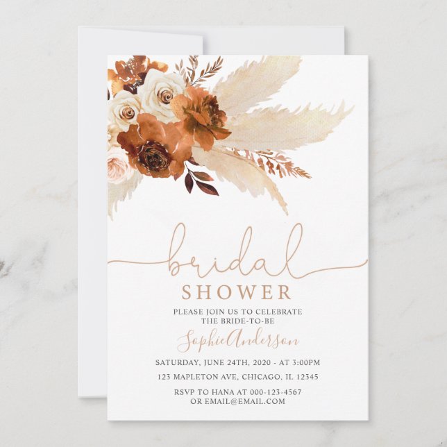 Burnt Orange Bohemian Pampas Grass Bridal Shower Invitation (Front)
