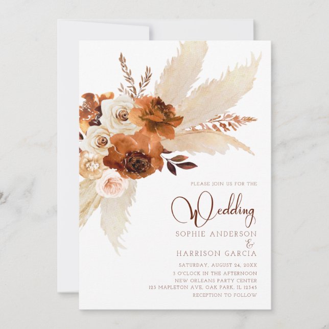 Burnt Orange Bohemian Pampas Grass Wedding Invitation (Front)