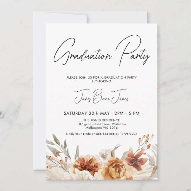 Burnt Orange Boho Floral Graduation Party Invitation (Front)