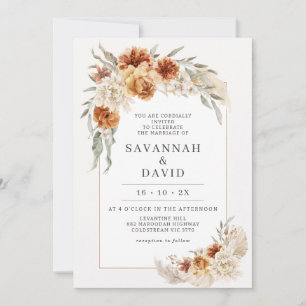 Burnt Orange Boho Floral Pampas Wedding Invitation