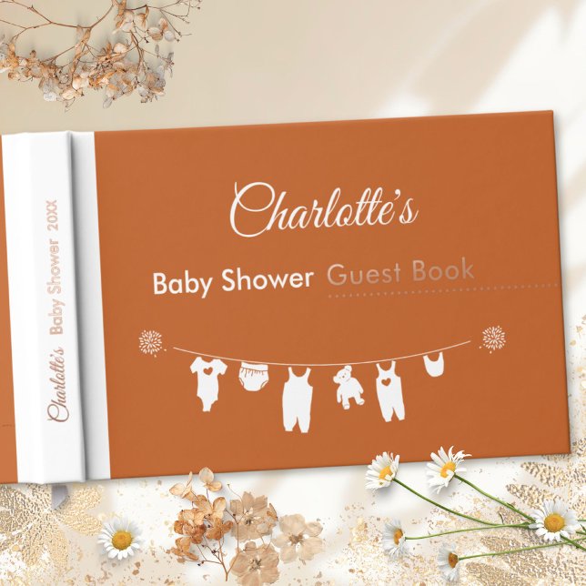 Burnt Orange Boho Minimalist Baby Shower Guest Book (Minimalist Burnt Orange Gender Neutral Boho Baby Shower Foil Guest Book Sunny Mind 🌞)