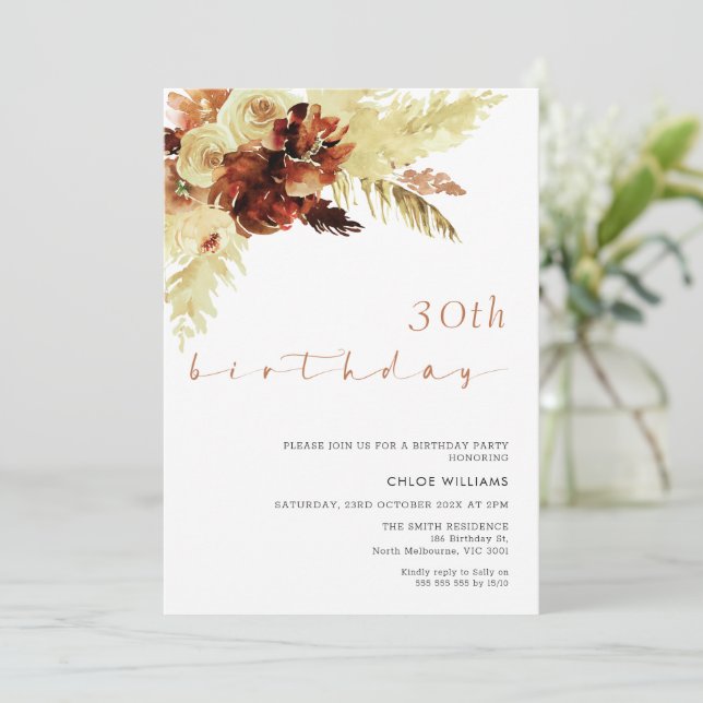 Burnt Orange Boho Pampas Grass  Birthday  Invitation (Standing Front)