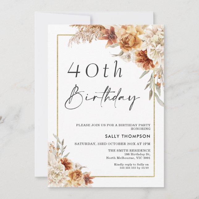 Burnt Orange Boho Pampas Grass Gold Frame Birthday Invitation (Front)