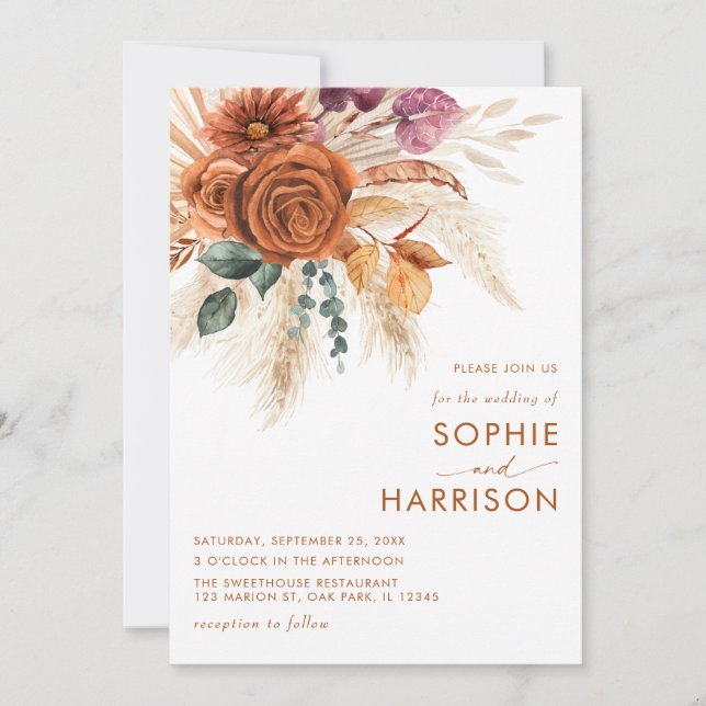  Burnt Orange Boho Pampas Grass Rust Wedding Invitation (Front)