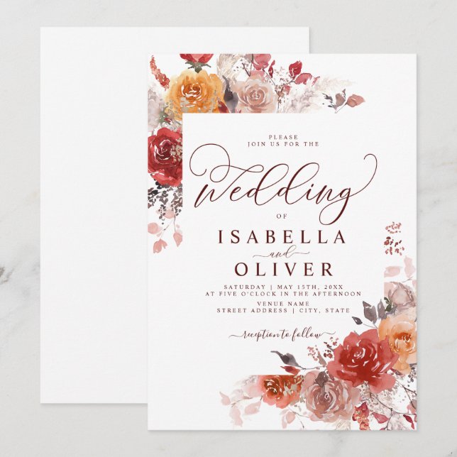 Burnt Orange Boho Terracotta Marsala Wedding Invit Invitation (Front/Back)