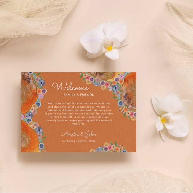 Burnt Orange Boho Wedding Welcome Gift Bag Basket Place Card (Front)