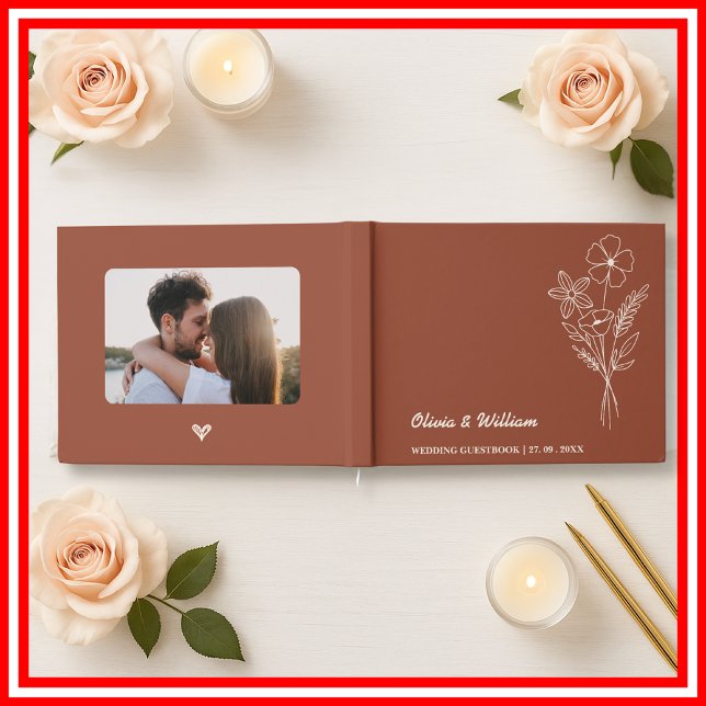  Burnt Orange Boho Wildflowers Rustic Wedding Guest Book (Creator Uploaded)
