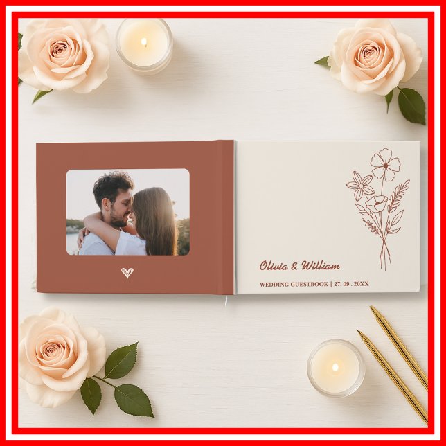  Burnt Orange Boho Wildflowers Rustic Wedding Guest Book (Creator Uploaded)