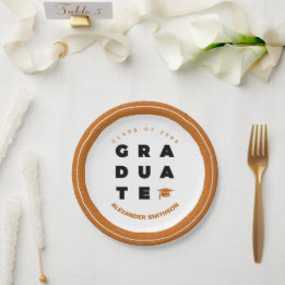 Burnt Orange Bold GRADUATE Letters and Cap Paper Plate