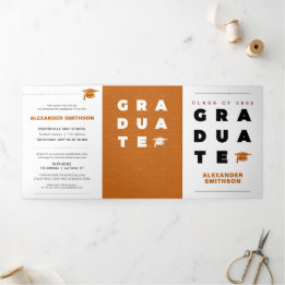 Burnt Orange Bold GRADUATE Letters & Cap Tri-Fold Announcement