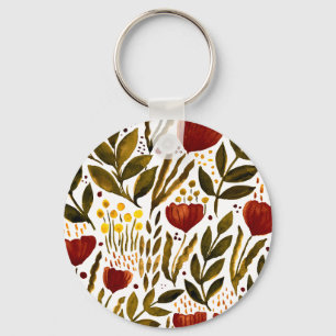 Burnt orange botanical floral illustration key ring