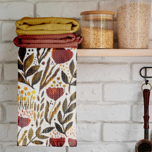 Burnt orange botanical floral illustration  tea towel