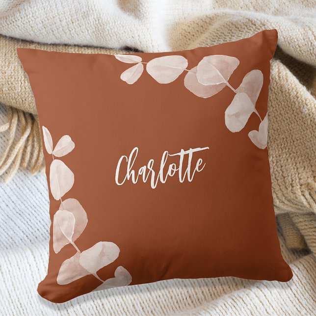 Burnt orange brown earth eucalyptus name script cushion (Creator Uploaded)
