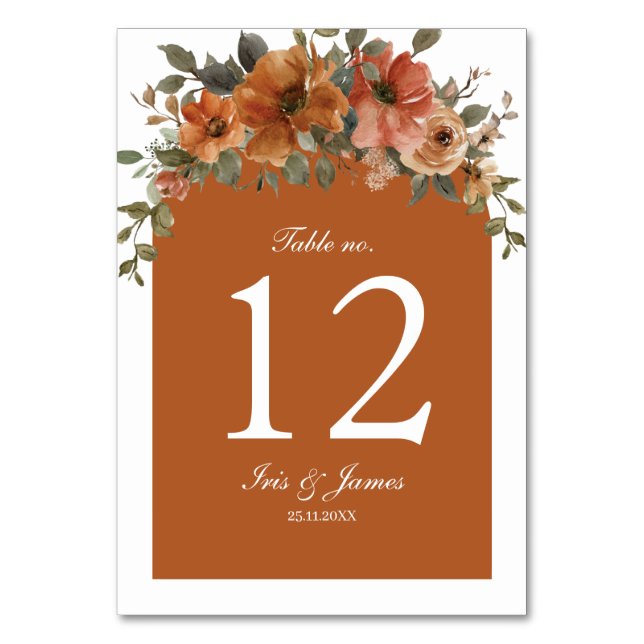 Burnt Orange Brown Floral Wedding Bridal Shower Table Number (Front)