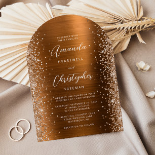 Burnt Orange Brushed Metal Glitter Arch Wedding Invitation