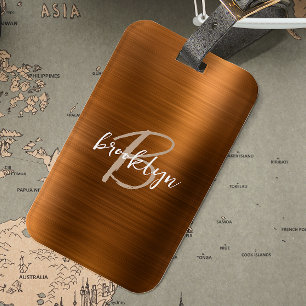 Burnt Orange Brushed Metal Script Monogram  Luggage Tag