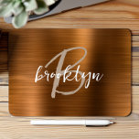 Burnt Orange Brushed Metal Script Monogram  Mouse Mat<br><div class="desc">This elegant personalised mouse pad features a monogram and first name in modern beige and white script on a trendy burnt orange brushed metal background.</div>