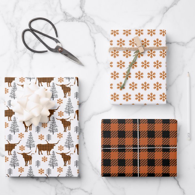 Burnt Orange Buffalo Plaid Longhorn Pattern Wrapping Paper Sheet (Front)