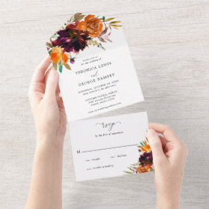 Burnt Orange Burgundy Fall Floral Elegant Wedding All In One Invitation