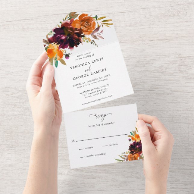 Burnt Orange Burgundy Fall Floral Elegant Wedding All In One Invitation (Tearaway)