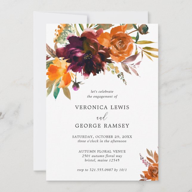 Burnt Orange Burgundy Fall Floral Engagement Party Invitation (Front)