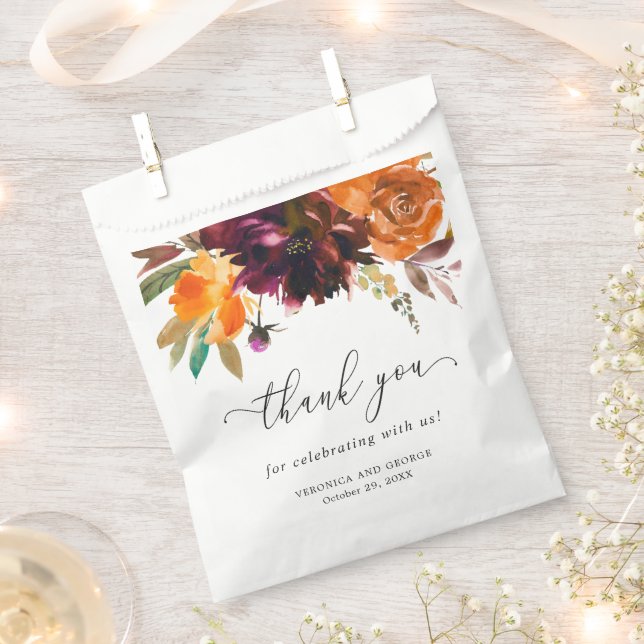 Burnt Orange Burgundy Fall Floral Rustic Wedding Favour Bags (Clipped)