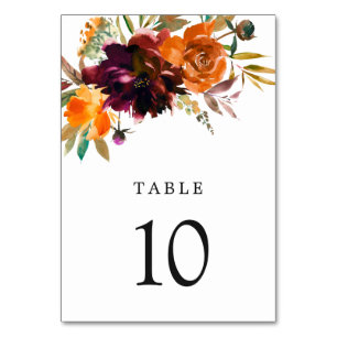 Burnt Orange Burgundy Fall Floral Rustic Wedding Table Number