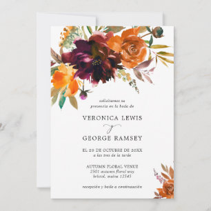 Burnt Orange Burgundy Fall Floral Spanish Wedding Invitation