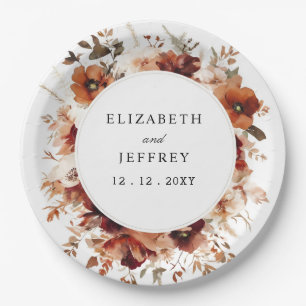 Burnt Orange Burgundy Fall Floral Wedding Paper Plate