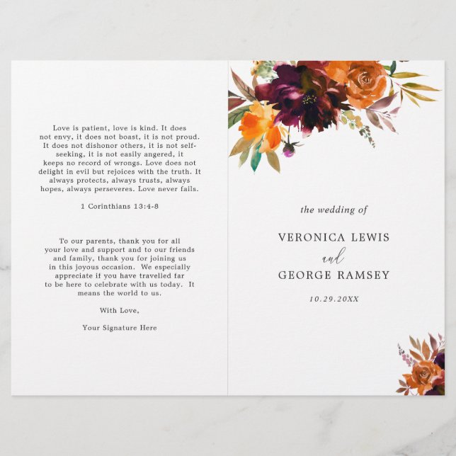 Burnt Orange Burgundy Floral Fall Wedding Program (Front)