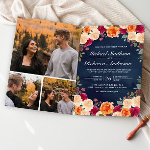 Burnt Orange Burgundy Floral Navy QR Code Wedding Invitation