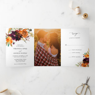 Burnt Orange Burgundy Floral Photo Elegant Wedding Tri-Fold Invitation