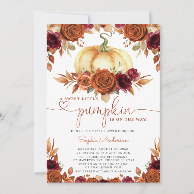 Burnt Orange Burgundy Floral Pumpkin Baby Shower Invitation (Front)