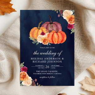 Burnt Orange Burgundy Floral Pumpkin Navy Wedding Invitation