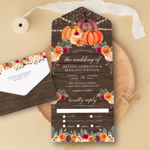 Burnt Orange Burgundy Floral Pumpkin Wood Wedding All In One Invitation