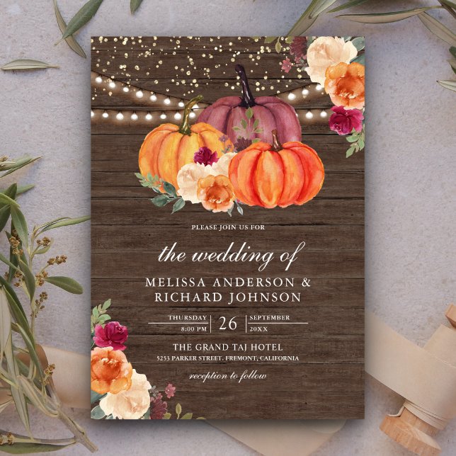 Burnt Orange Burgundy Floral Pumpkin Wood Wedding Invitation (Creator Uploaded)