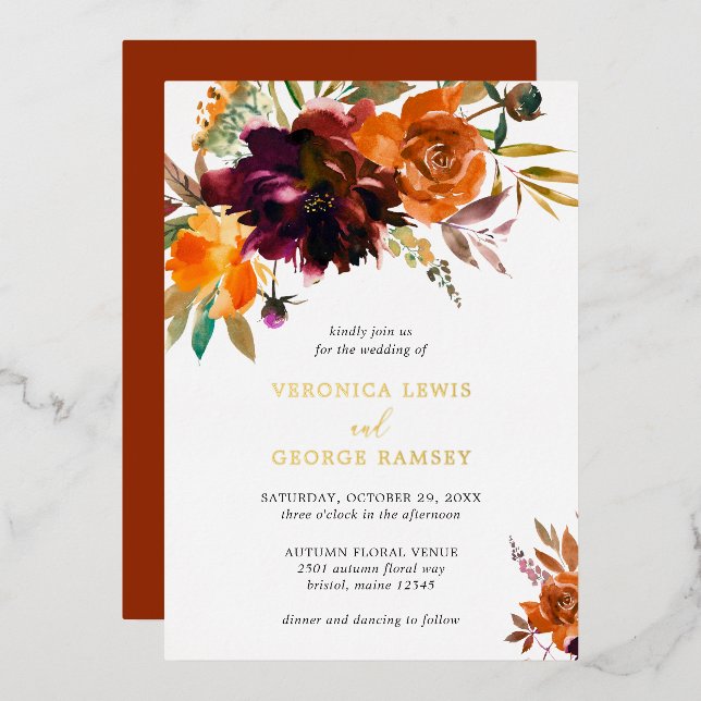Burnt Orange Burgundy Floral Rustic Wedding Gold (Front/Back)