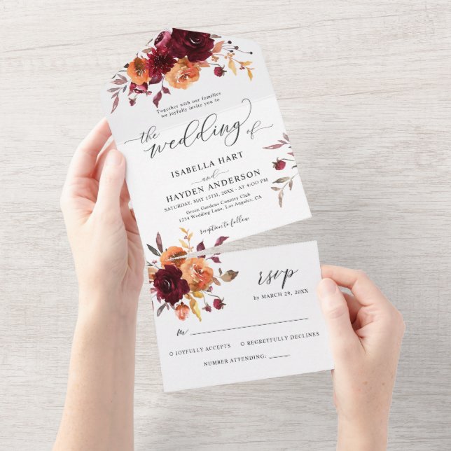 Burnt Orange Burgundy Floral Wedding Details RSVP All In One Invitation (Tearaway)