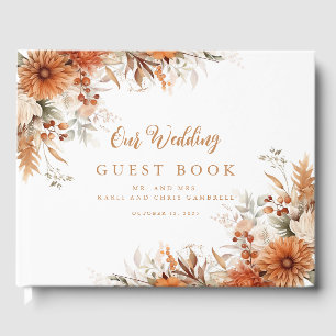 Burnt Orange Calligraphy Fall Floral Wedding  Guest Book