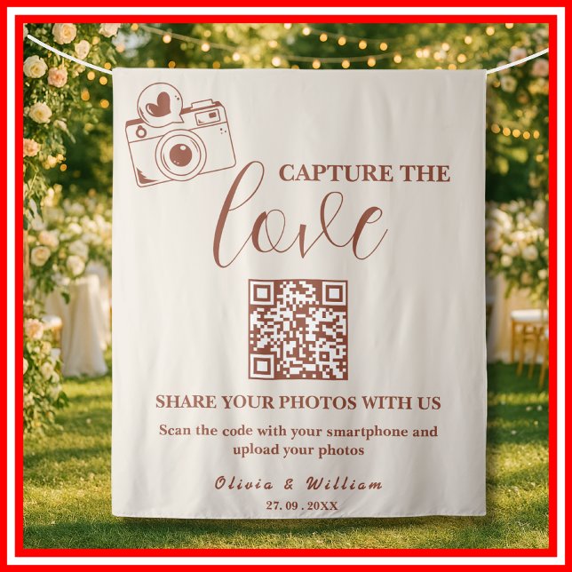 Burnt Orange Capture The Love QR Wedding Backdrop Tapestry (Creator Uploaded)