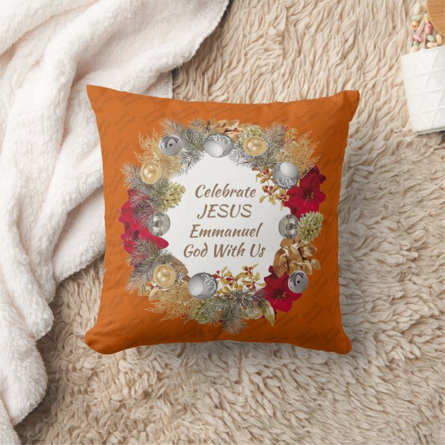 Burnt Orange CELEBRATE JESUS Christmas Wreath Cushion (Blanket)