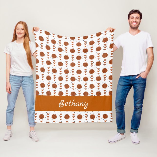 Burnt Orange Cheerleader Pom Poms & Hearts Pattern Fleece Blanket (In Situ)