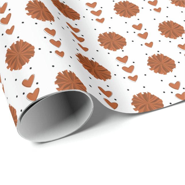 Burnt Orange Cheerleader Pom Poms & Hearts Pattern Wrapping Paper (Roll Corner)