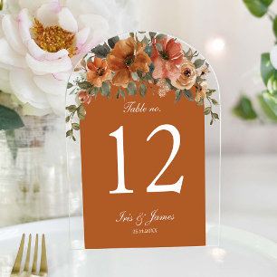 Burnt Orange Copper Floral Wedding Table Number