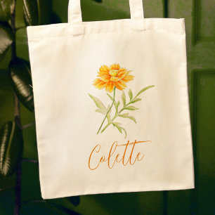 Burnt orange cosmo flower watercolor art name tote bag