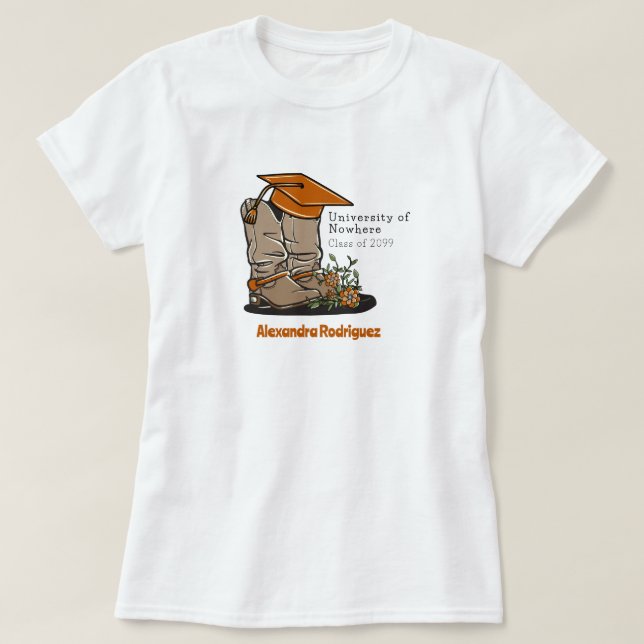 Burnt Orange Cowboy Boot Graduation Cap & Flowers T-Shirt (Design Front)