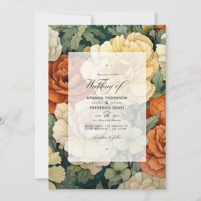 Burnt Orange, Cream and Moss Green Floral Wedding Invitation (Front)