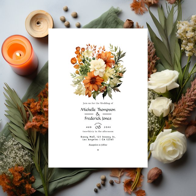 Burnt Orange, Cream and Moss Green Floral Wedding Invitation (Creator Uploaded)