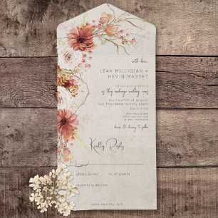 Burnt Orange & Cream Boho Floral No Dinner All In One Invitation